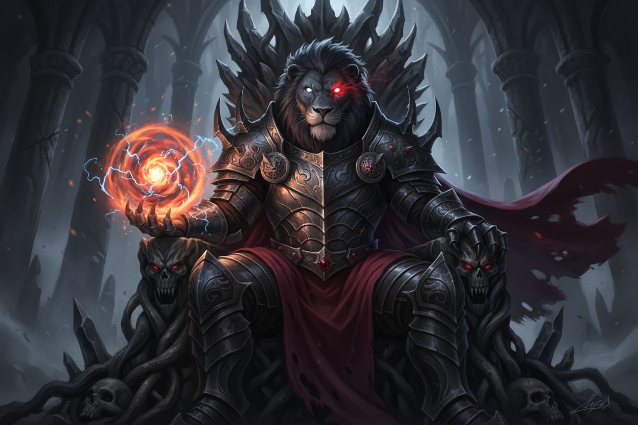dark color lion king human like with battle armor. left eye white in color. right popping red glow. left hand holding on his plam a fire ball mix with goku kamehameha. sitting at a evilish throne.